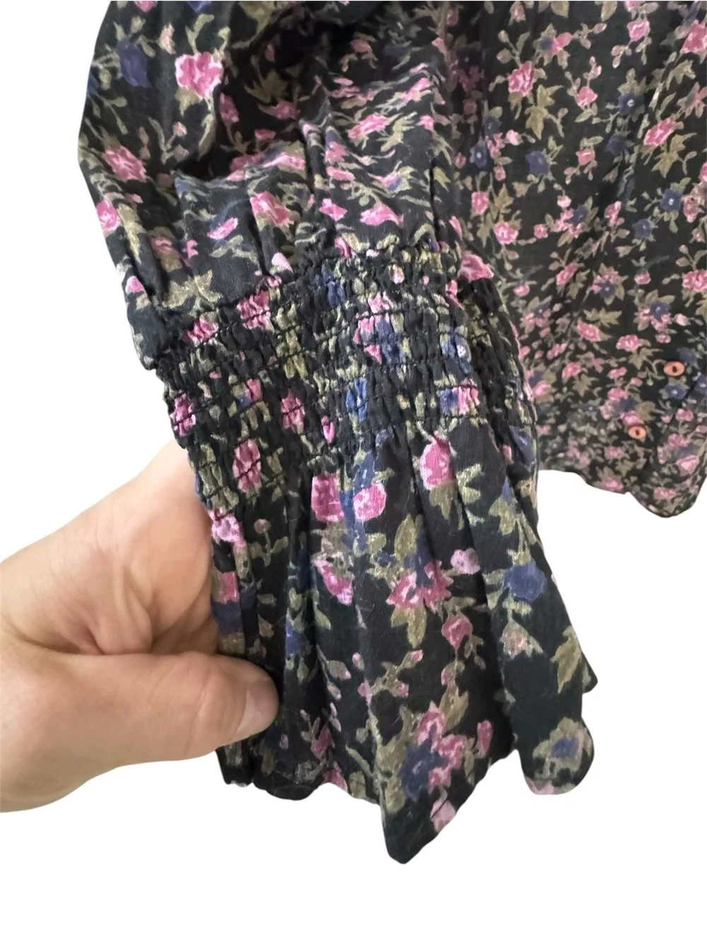 Free People Meant to Be Floral Tie Neck Puff Sleeve Blouse Black Pink XS Boho
